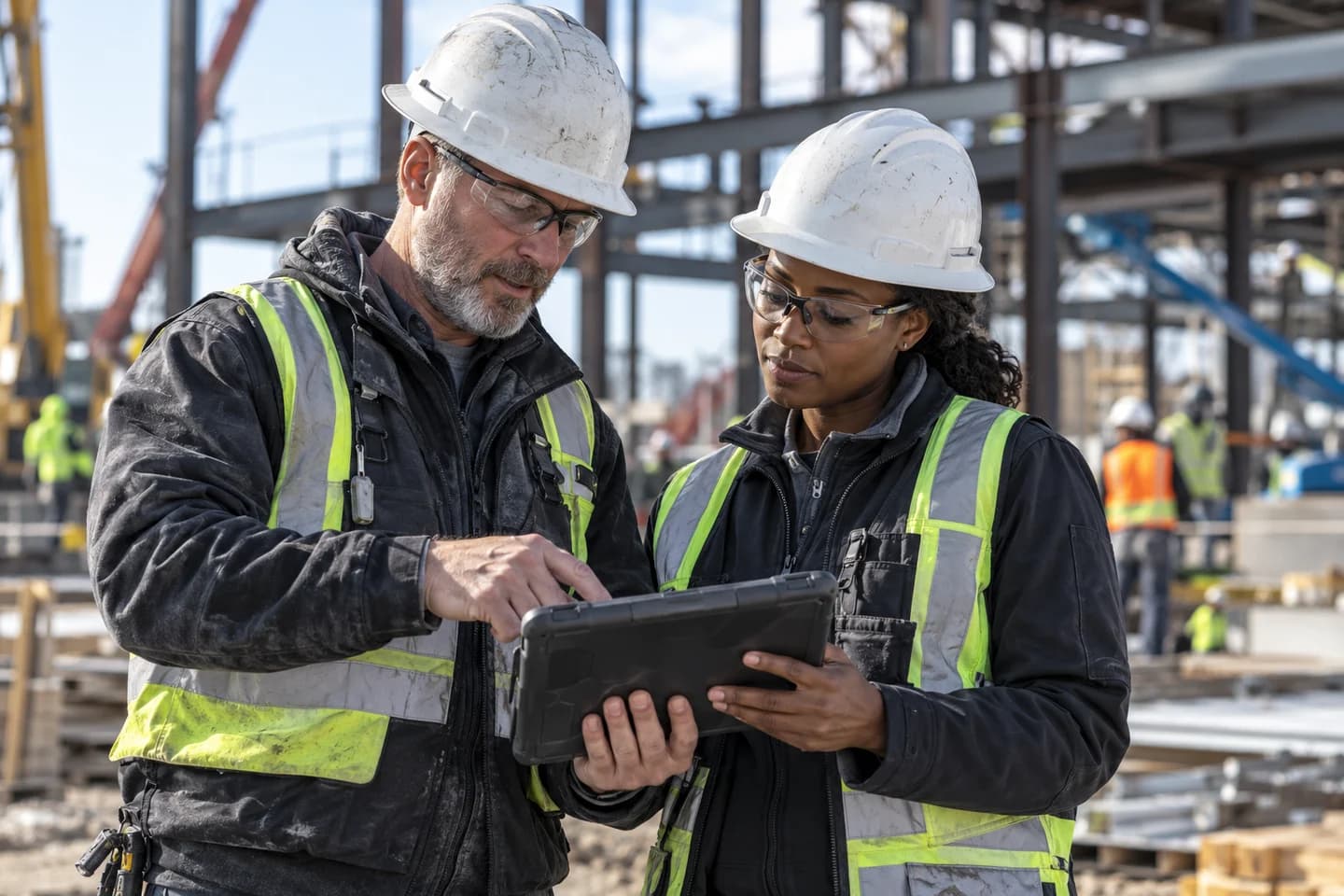 A superintendent and site engineer reviewing field information on a tablet