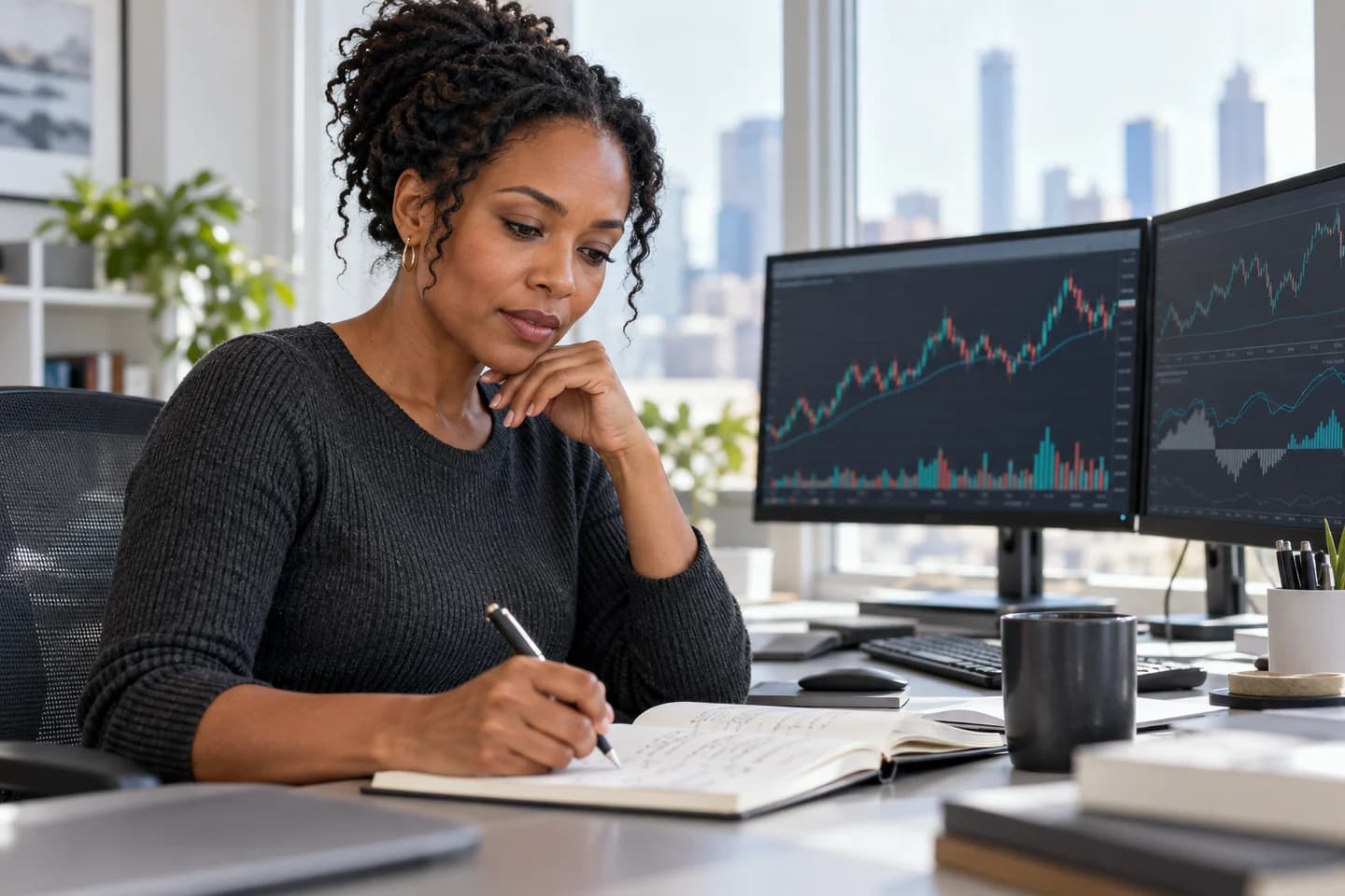 A trading professional reviewing her journal beside market charts