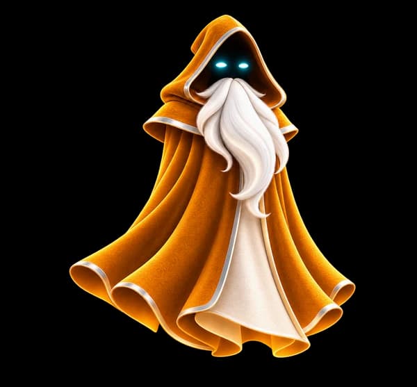 KNOA, the faceless cloaked companion with cyan eyes